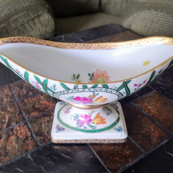 Vintage Floral Gold-Trimmed Footed Oblong Bowl - Picture 1 of 16